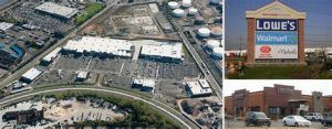 group of photos of Bayonne Crossing that includes an aerial shot of the entire area, the signs for Lowe's, Walmart and Michael's 