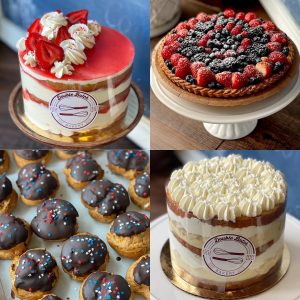 group of four photos of a strawberry shortcake, a berry tart, cream puffs, and a white layered cake