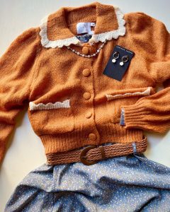 Burnt orange cardigan and floral skirt 