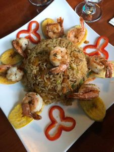 square plate of shrimp fried rice
