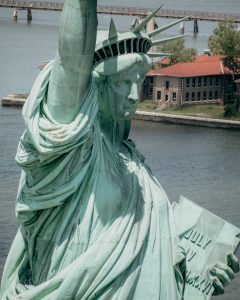 close up view of the statue of liberty from a helicopter viewpoint 