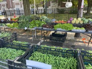 Tables of fresh vegetables for sale at the Kearny Farmers Market 