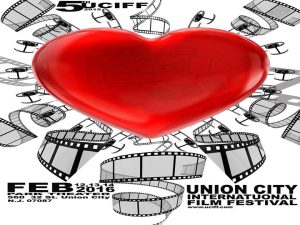 flyer for the 2016 Union City Film Festival that has a graphic of a big red heart surrounding by film strips 