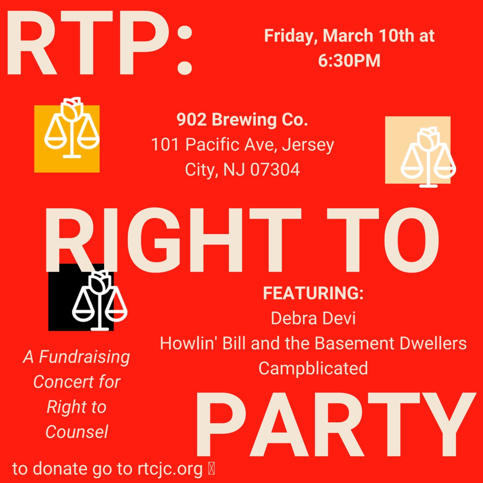 RTP: Right To Party, 902 Brewing Co, 101 Pacific Ave Jersey city 07304, Friday, March 10th at 6:30pm