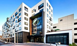 Picture of the outside building exterior of the Element by Westin Harrison in Newark, NJ on a sunny day