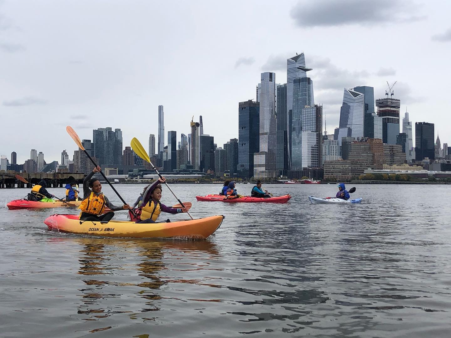 group of kayakers on the Hudson River