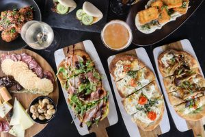 plates of flatbread pizzas